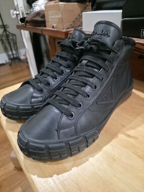 Prada Black Leather High-Top Sneakers with Rugged Sole
